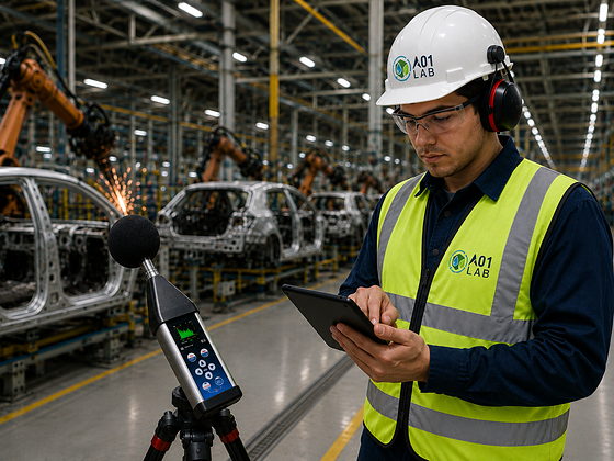 Técnico de A01 LAB midiendo ruido laboral con sonómetro en una planta automotriz