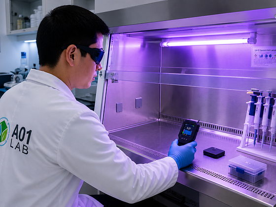 Medición de radiación ultravioleta frente a una lámpara UV de laboratorio