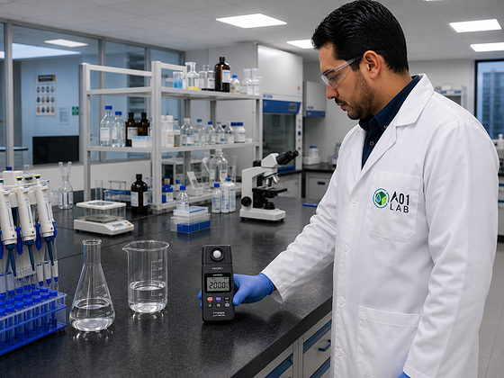 Medición de niveles de iluminación con luxómetro sobre la mesa de trabajo de un laboratorio