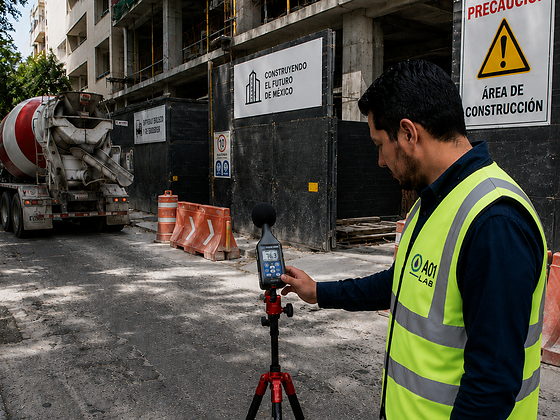 Sonómetro sobre tripié midiendo ruido perimetral en una obra en construcción