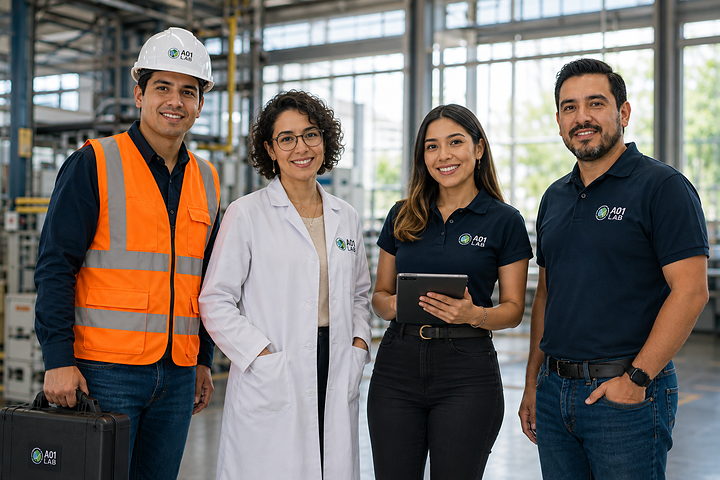 Equipo de A01 LAB en una planta industrial: técnicos de campo y personal de laboratorio