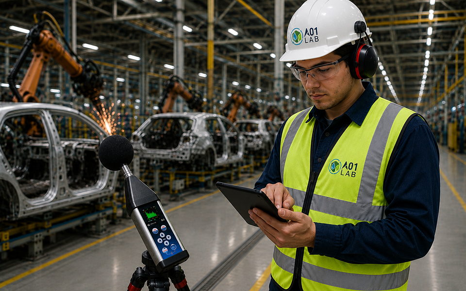 Técnico de A01 LAB midiendo ruido laboral con sonómetro
